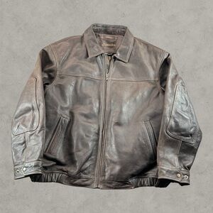 St Johns Bay Leather Jacket Mens XXL Brown Bomber Biker Flannel Lined Grunge Y2k